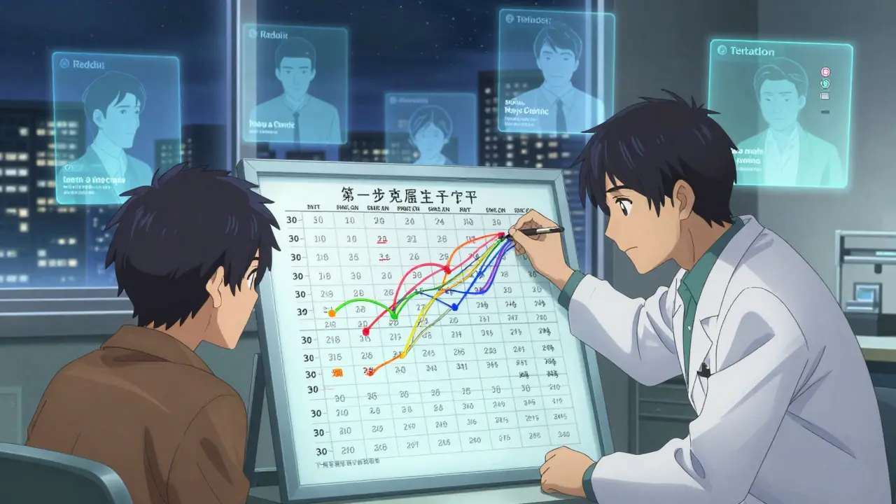 Doctor and patient reviewing a hand-drawn 30-day symptom chart with holographic supporters.