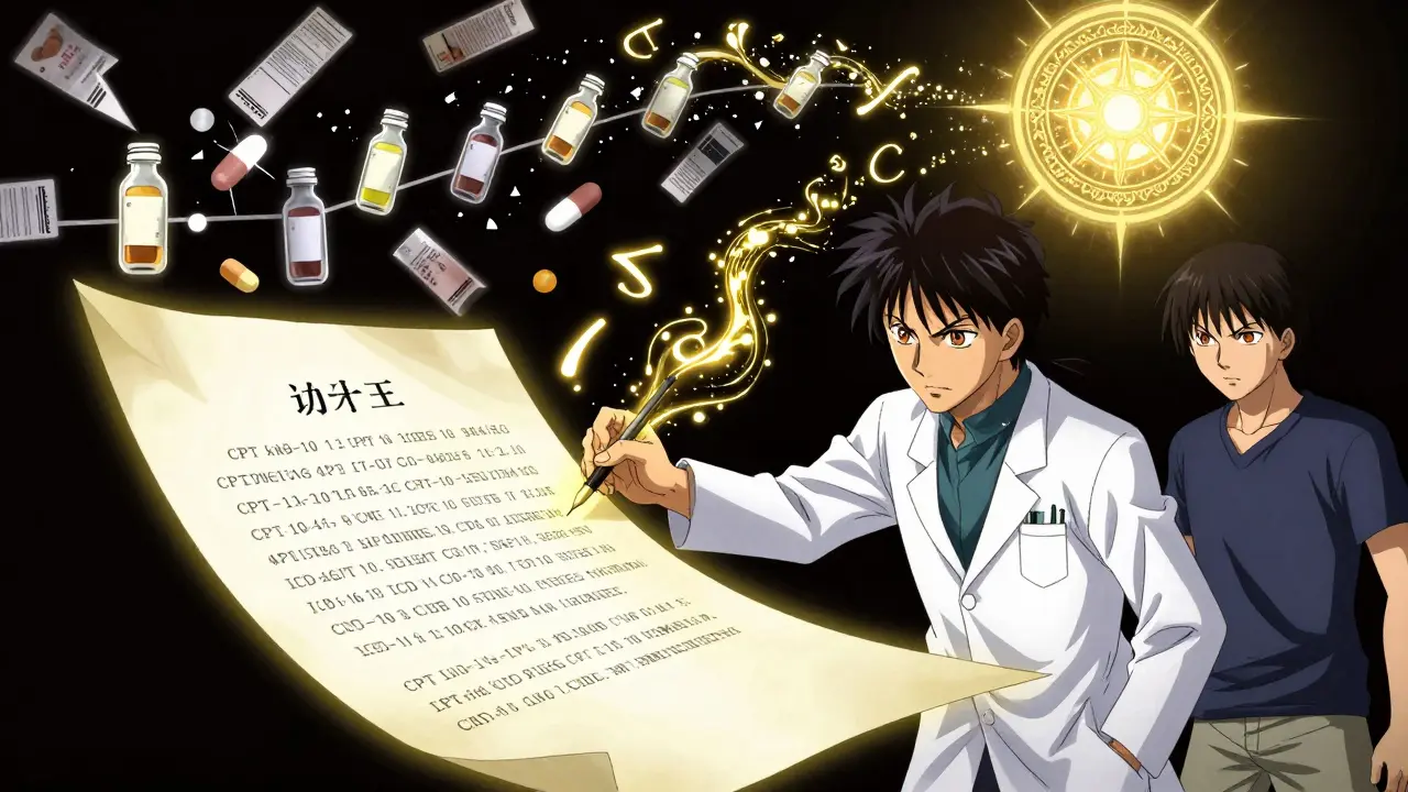 Doctor writing an appeal letter with glowing medical codes rising into the air, patient standing beside them.