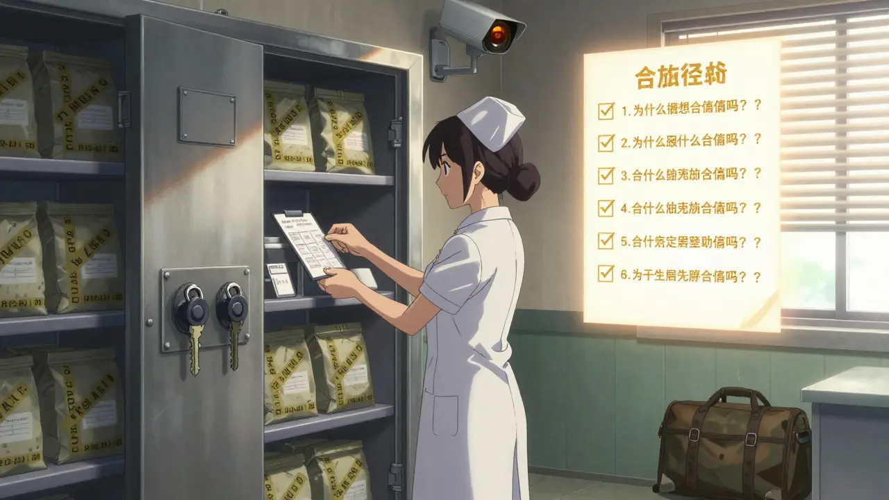 Dual-lock storage vault in a rural clinic with tamper-evident bags and a security camera, dawn light entering.