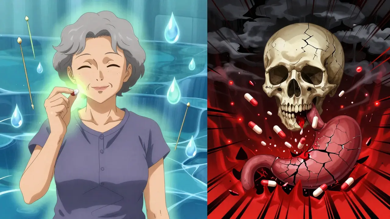 Elderly woman taking Tylenol peacefully vs. violent red cracks from NSAIDs in split-panel scene.