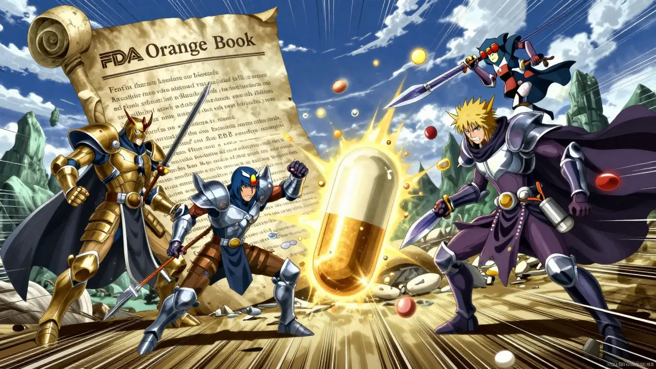 Generic pills dueling in mid-air, one glowing gold, against a backdrop of the FDA Orange Book scroll.