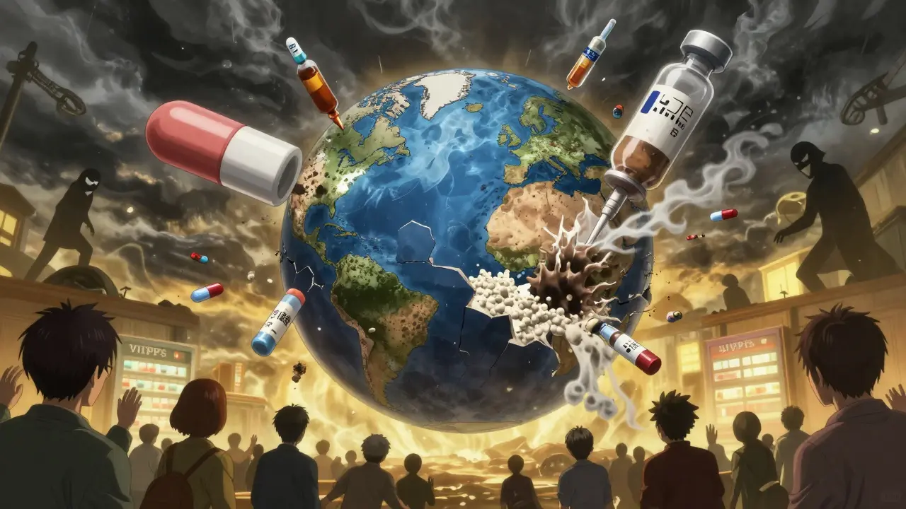 Globe-shaped pill cracking open to reveal dangerous counterfeits, with real medicine shining in the distance.