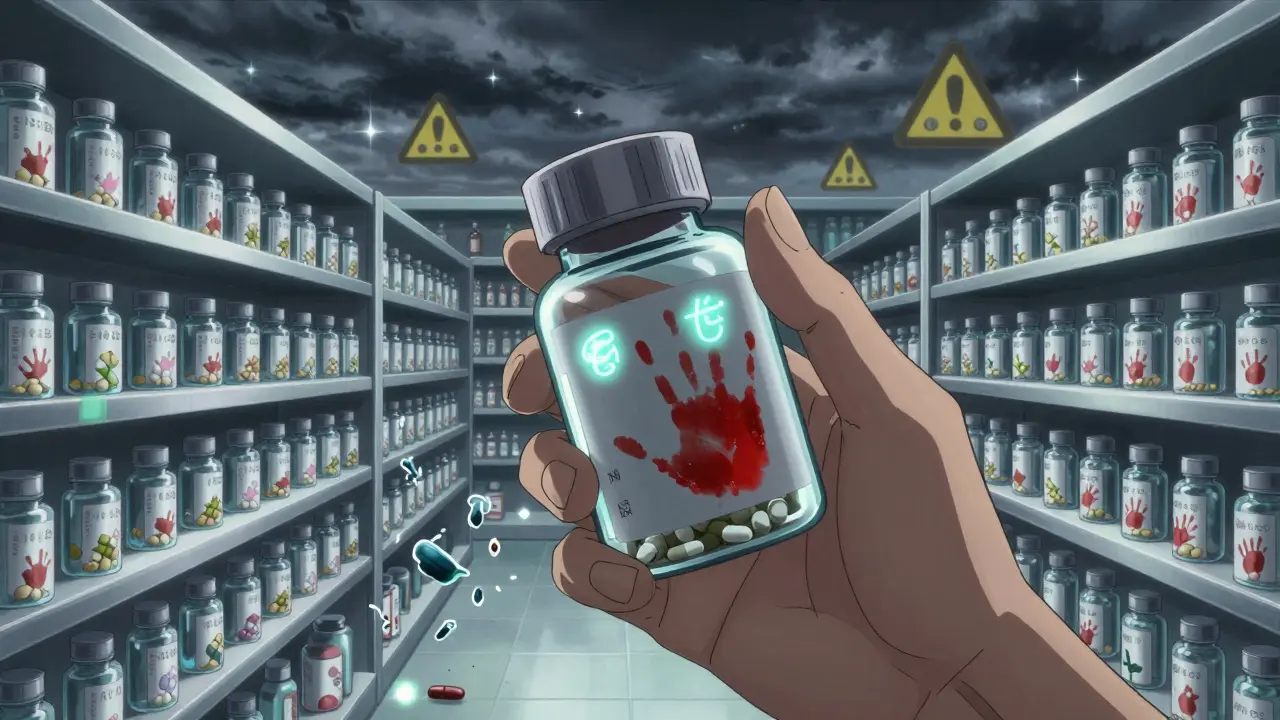 Hand holding pill bottle with glowing NDC code, infinite pharmacy shelves behind with warning lights.