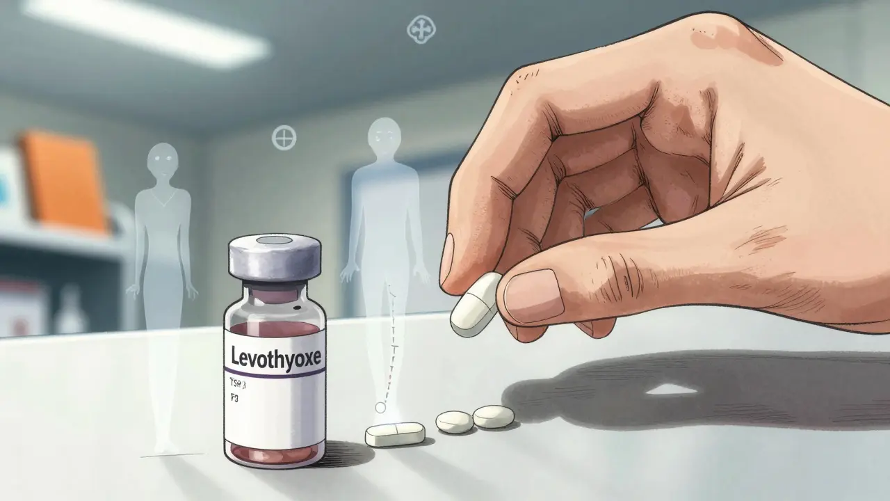 Hand placing generic thyroid pill beside brand version, with floating TSH graphs rising from each.