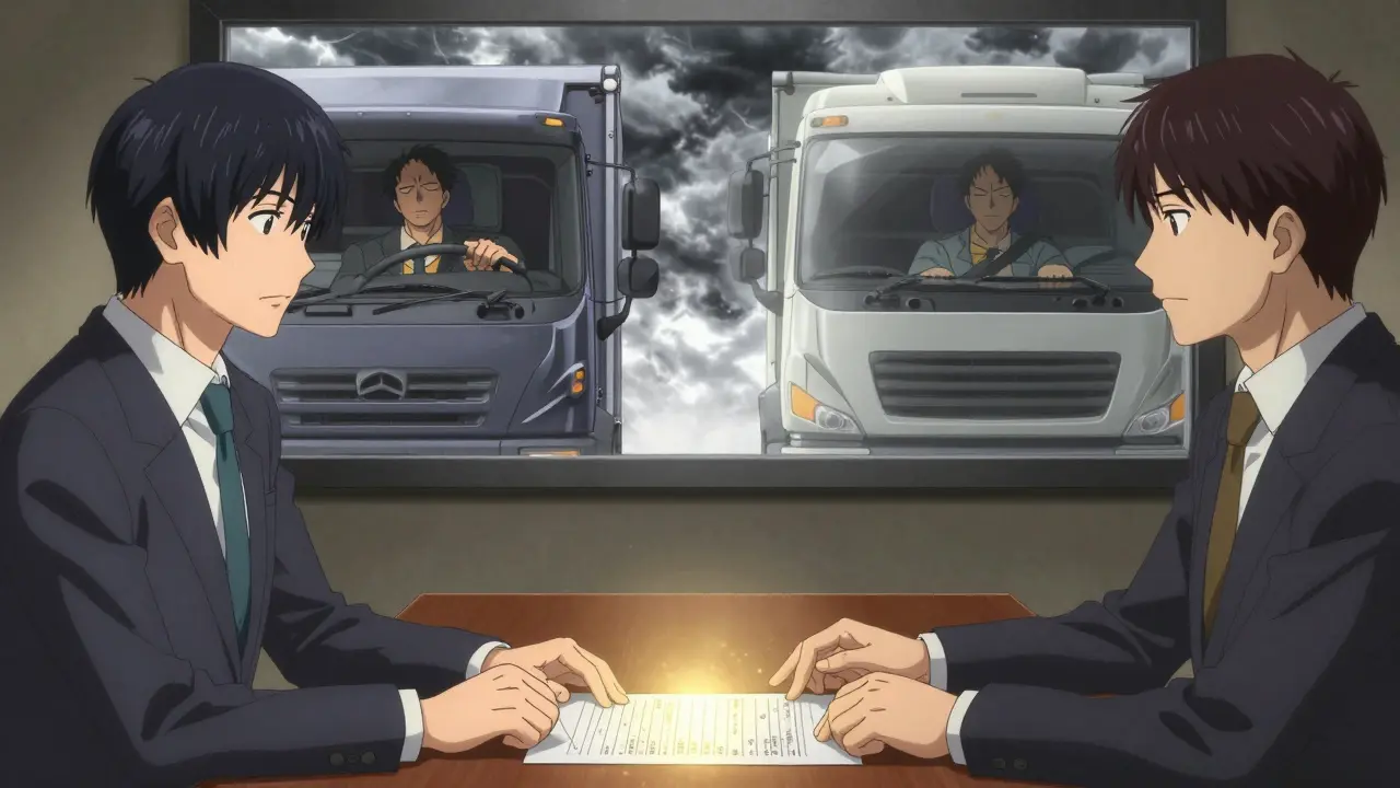 Manager and employee sharing medical documentation, with dual visions of safe vs. unsafe driving.