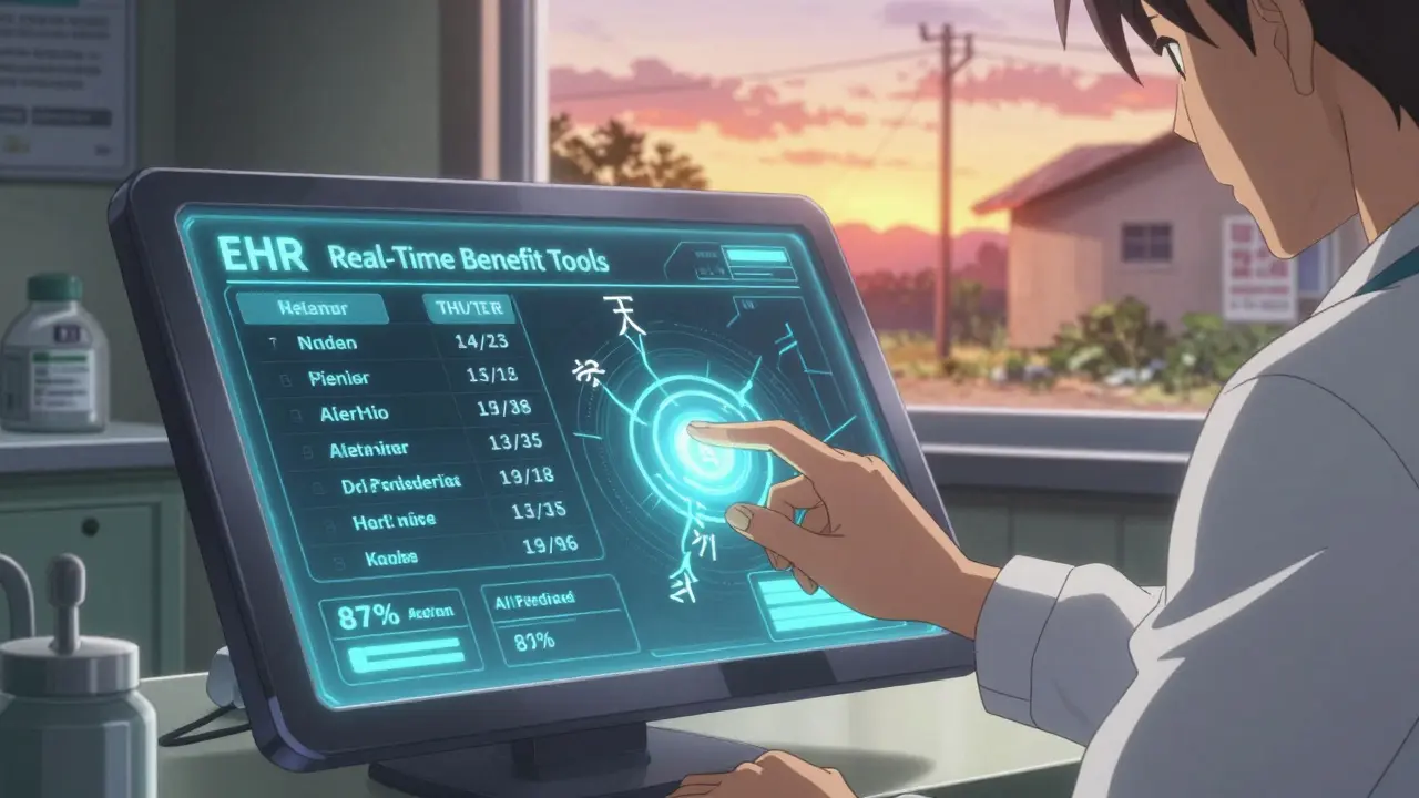 Medical assistant using AI-powered EHR screen showing real-time drug cost and approval data