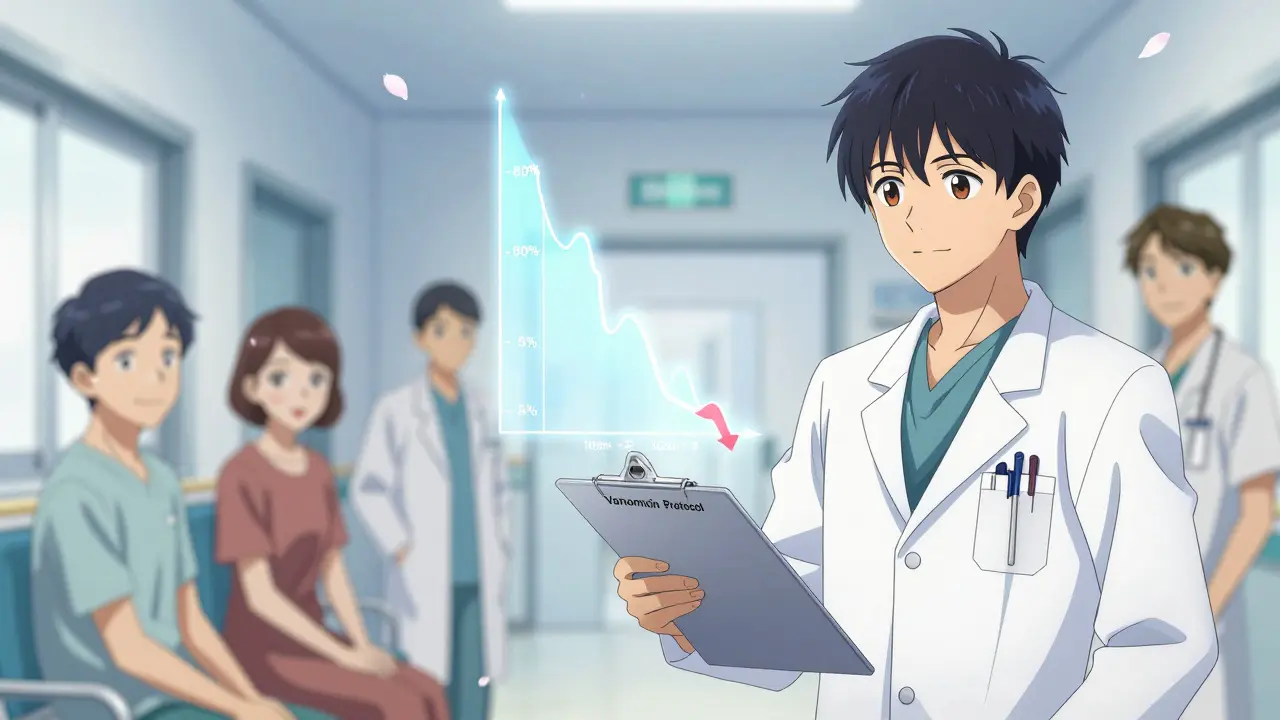 Medical team with histogram showing reduced reactions, patients calm, cherry blossoms symbolizing improved protocols.