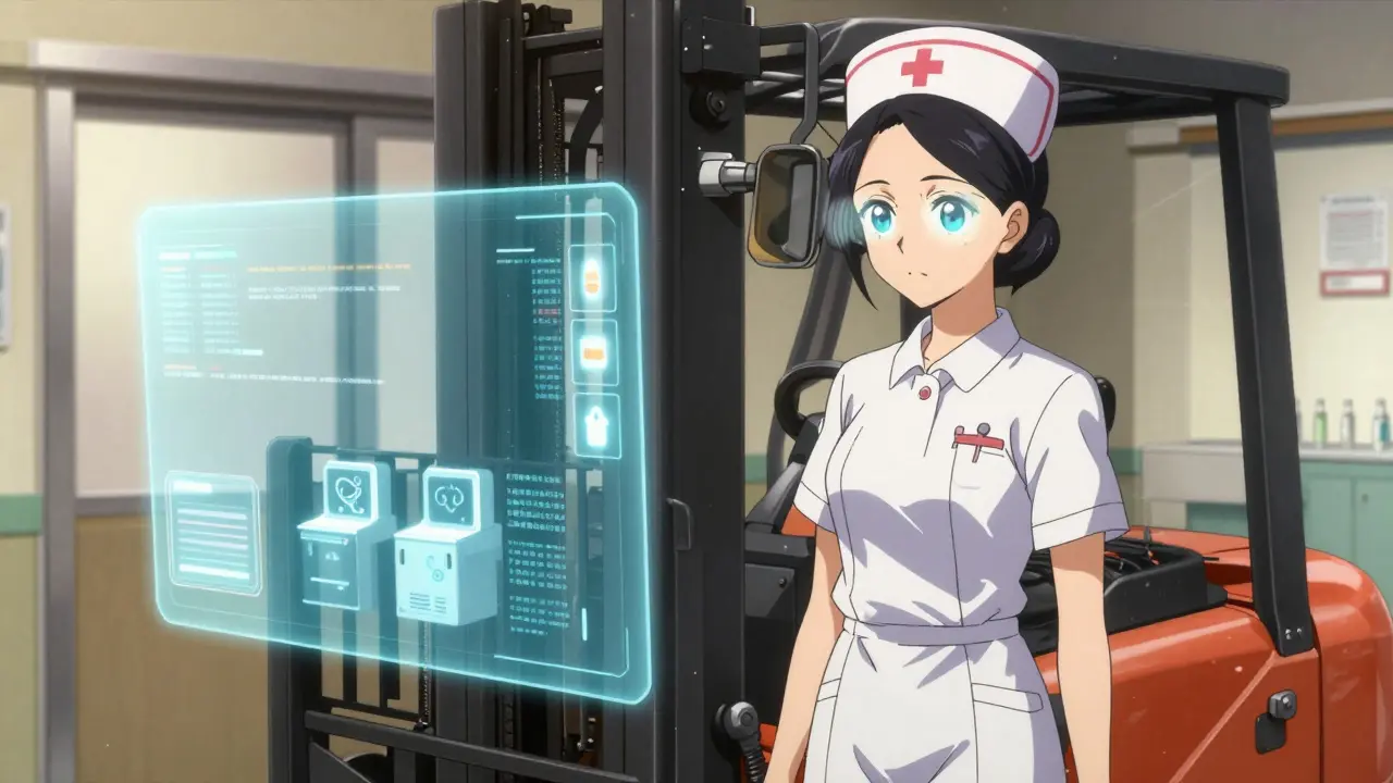 Nurse with blurred vision, temporarily reassigned to inventory work with glowing digital scanners.