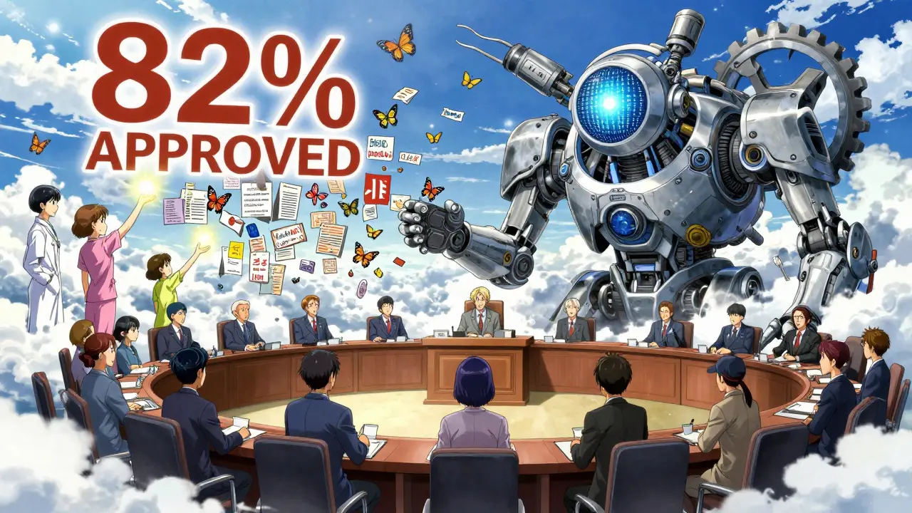 Patient facing a giant insurance AI in a celestial courtroom, denied prescriptions turning into butterflies.