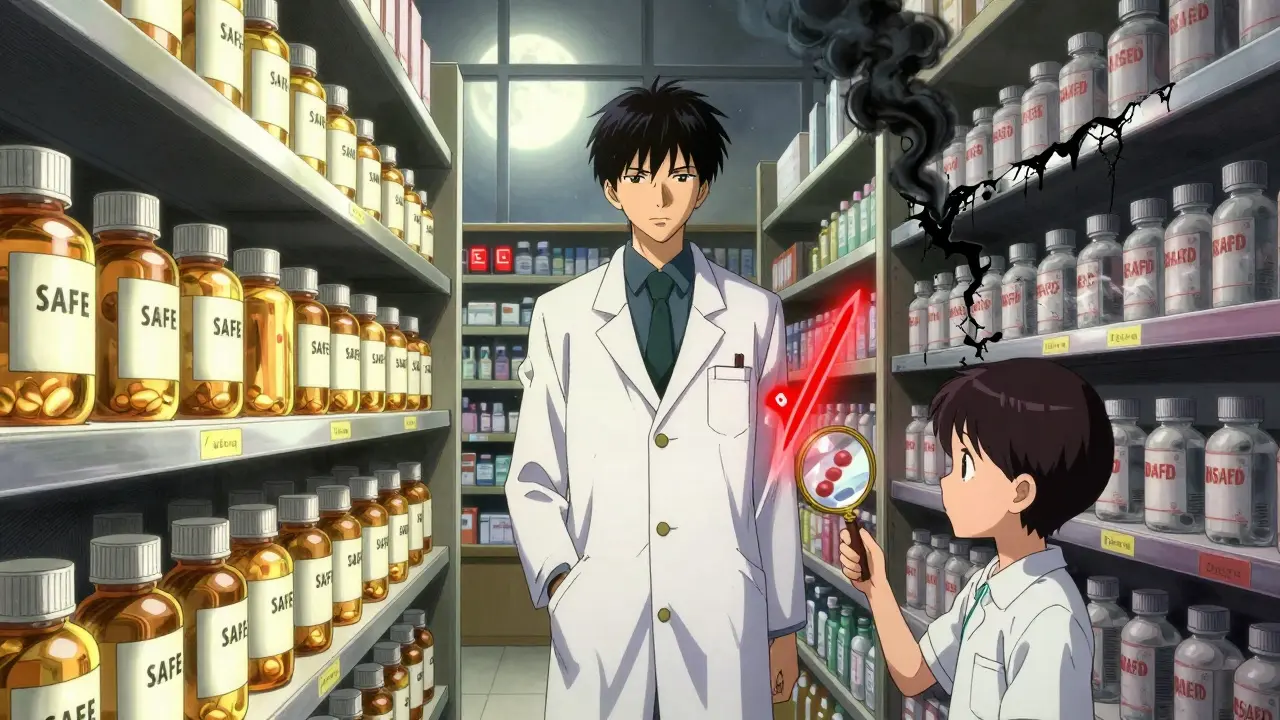 Pharmacist between safe and dangerous meds, caregiver examining label with glowing warning glyphs.