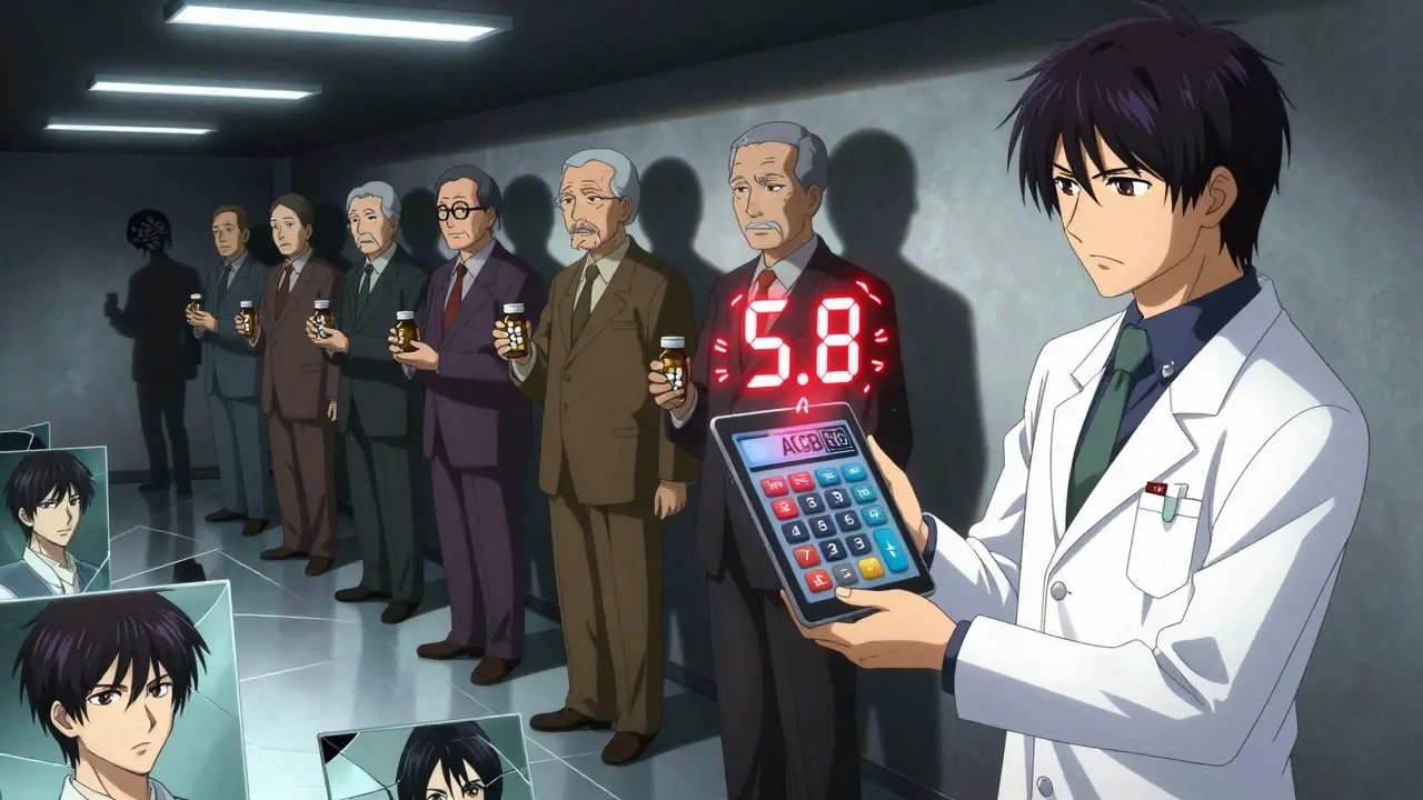 Pharmacist showing a high ACB score on a tablet, seniors' shadows turning into shrinking brains.