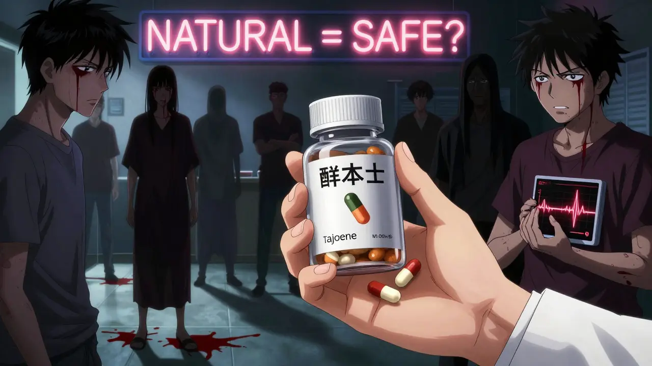 Pharmacist with unregulated garlic supplements, patients bleeding silently in shadow behind them.