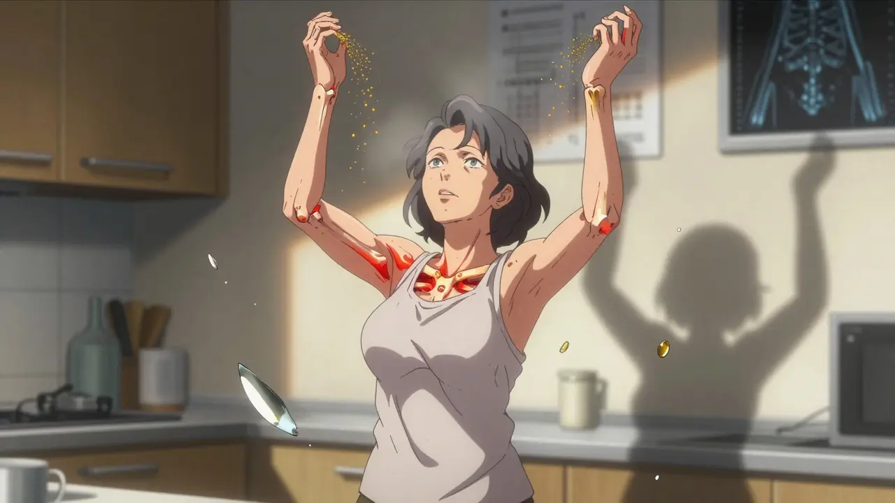 Postmenopausal woman with glowing joint pain and floating bone fragments.