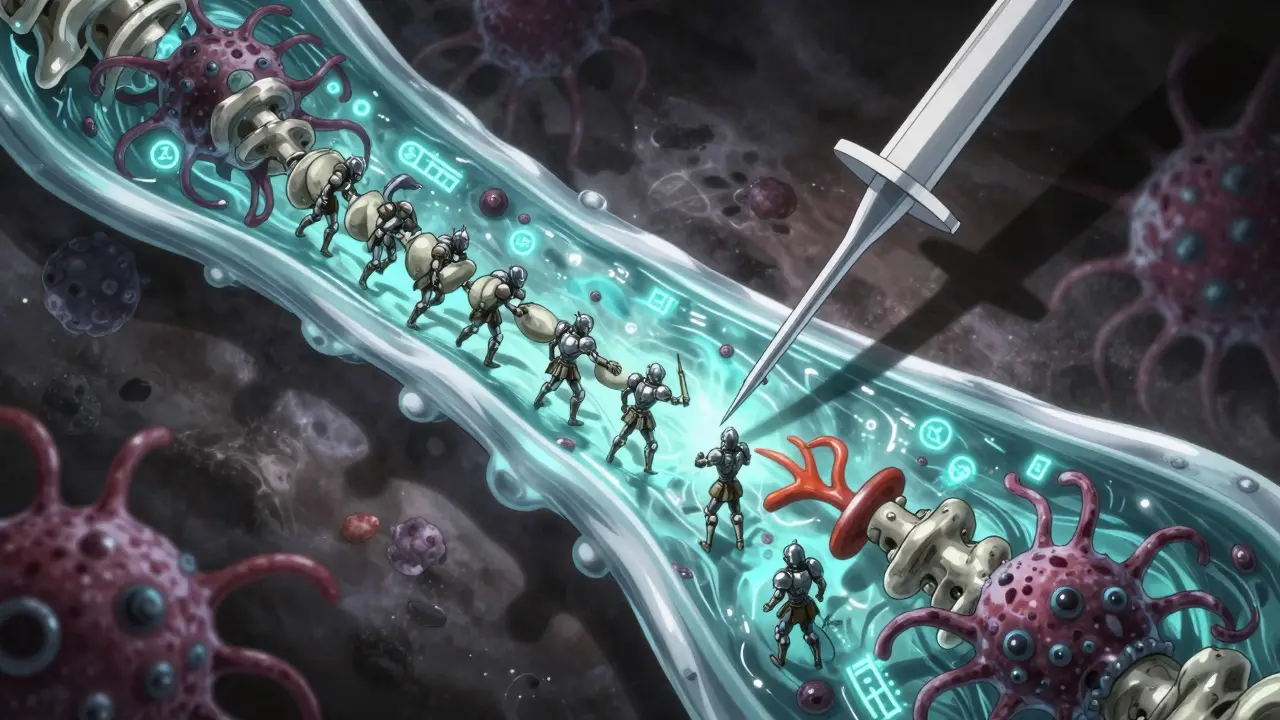 Spinal tap scene showing white blood cell knights fighting pathogens in glowing fluid.