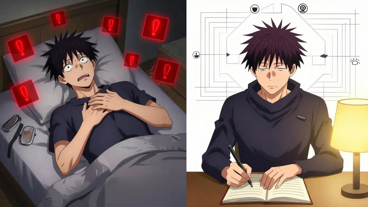 Split scene: anxiety vs. calm tracking, with glowing lines connecting habits to symptoms.