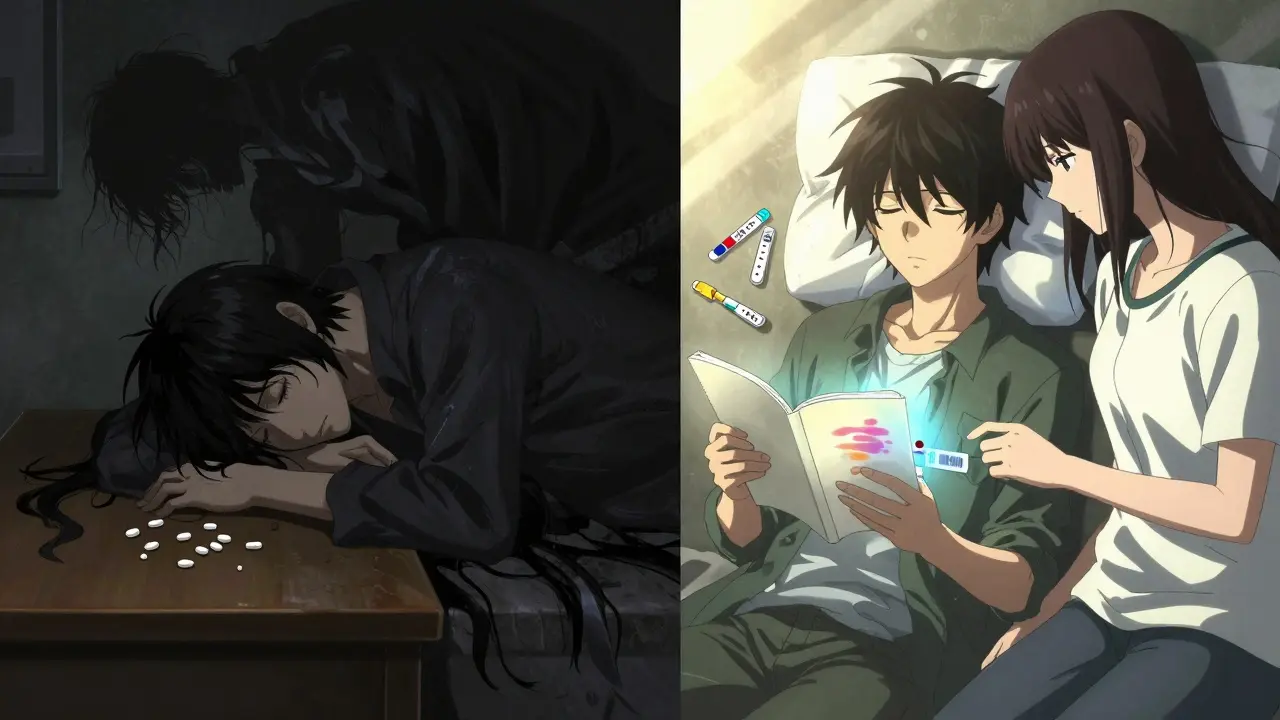 Split scene: one side shows someone overdosing in darkness, the other shows them safe with a friend and their medication log.