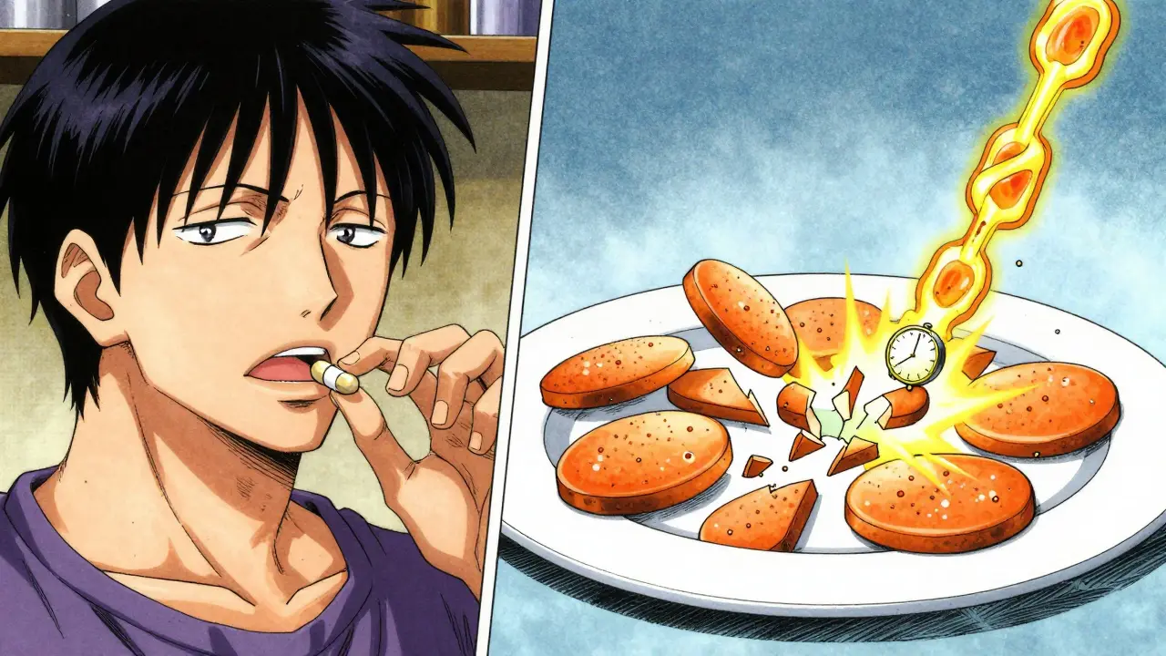 Split scene: person taking garlic pill vs. platelets shattered by ajoene chains with 7–10 day clock.