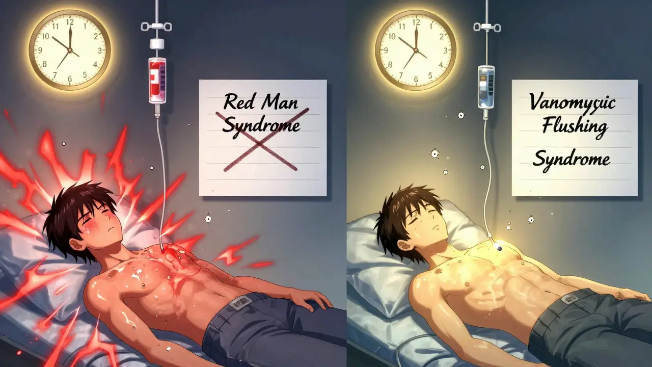 Split scene: rapid vs. slow vancomycin infusion, glowing time indicators and corrected medical terminology in background.