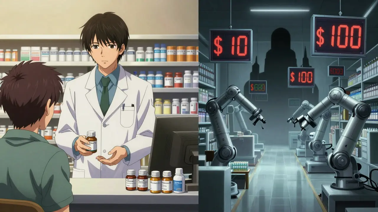 Split scene: warm local pharmacy vs cold corporate warehouse with inflated price tags.