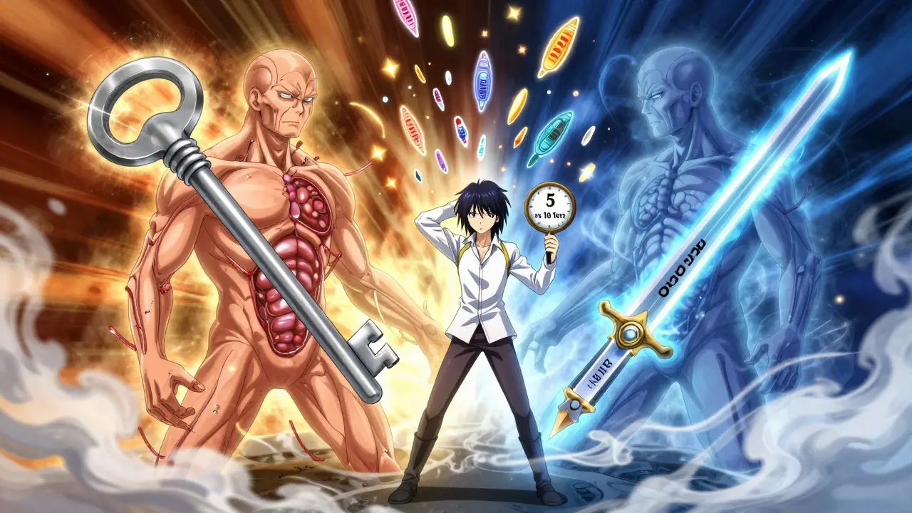 Symbolic battle inside body between tamoxifen, aromatase inhibitors, and new drugs.