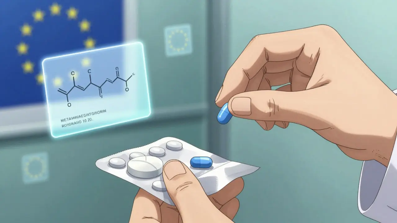 Two generic pills with identical chemical structures floating beside each other, labeled in different colors.