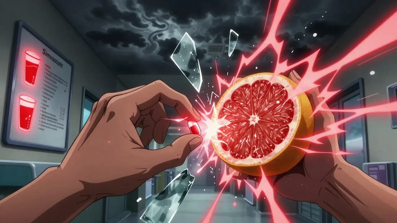 Two hands clashing with a statin pill and grapefruit, surrounded by exploding energy and medical warning symbols.