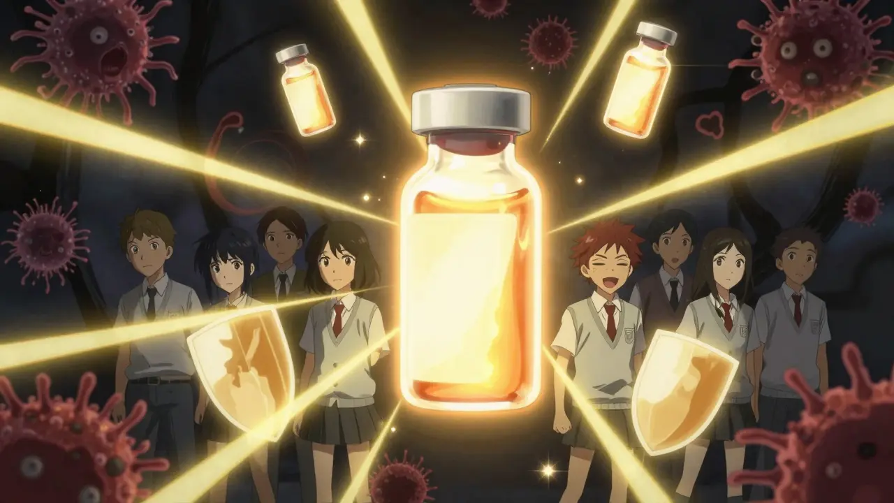 Vaccines emitting golden shields protecting teens from disintegrating bacterial shadows.