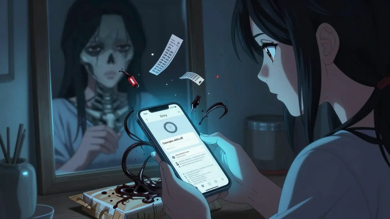 Woman about to open fake Ozempic package, toxic shadows creeping from it, her reflection turned skeletal.