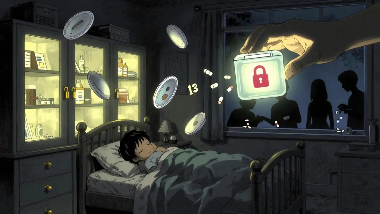 A child sleeps safely as glowing locks and smart pill boxes protect against accidental ingestion in a moonlit bedroom.