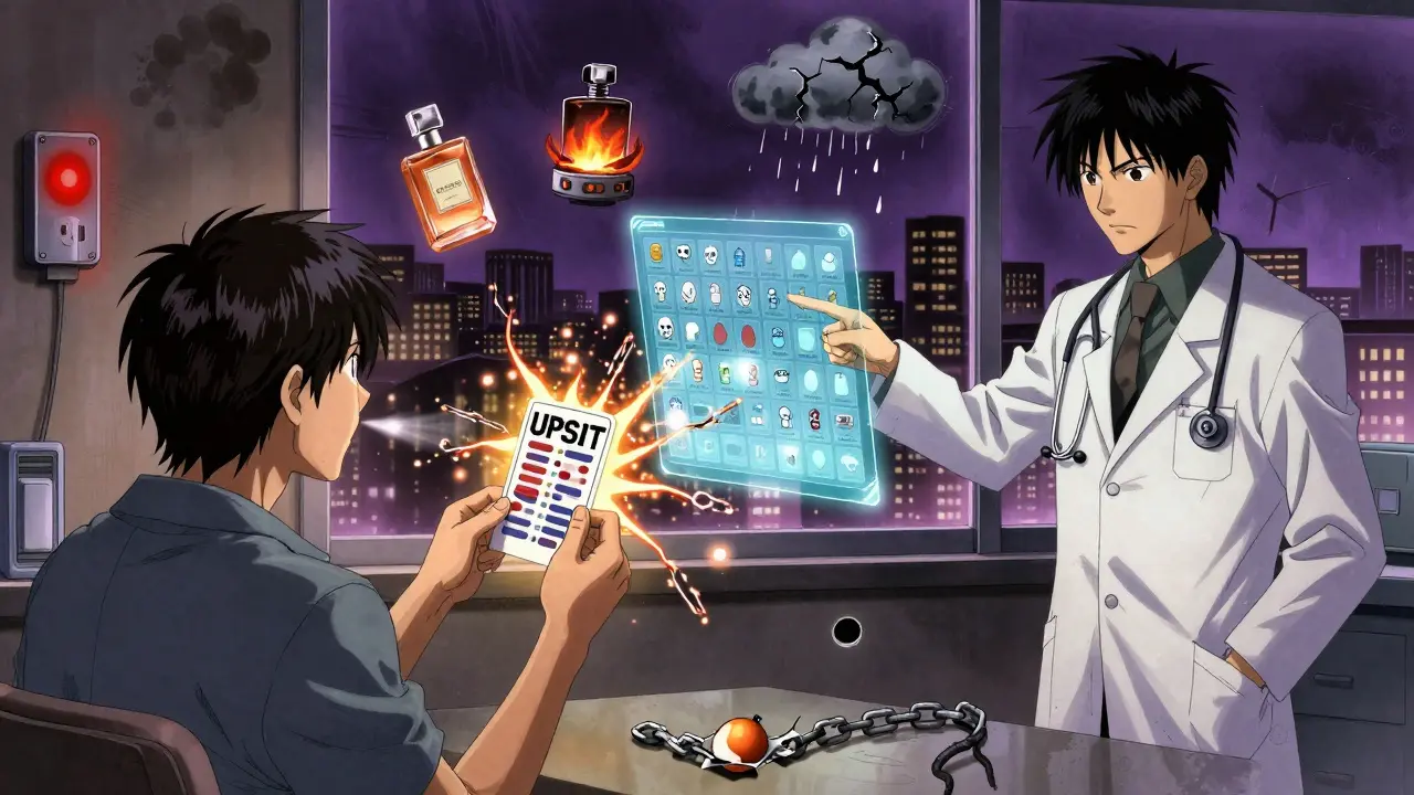 A doctor and patient reviewing a smell test chart, with symbolic safety devices flickering in the background.