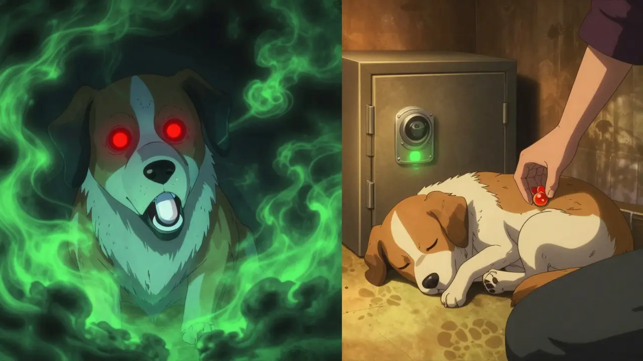 A dog chewing a human pill on one side, sleeping safely beside a locked safe on the other.