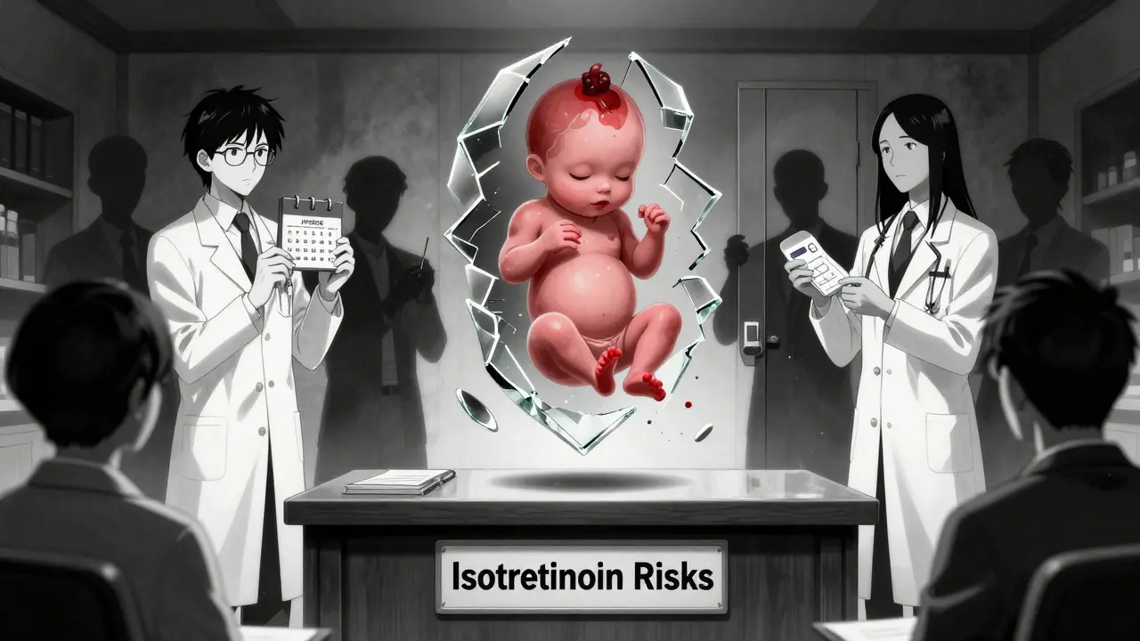 A fragmented fetal figure made of glass hovers above legal documents, surrounded by shadowy figures holding symbols of the iPLEDGE system.