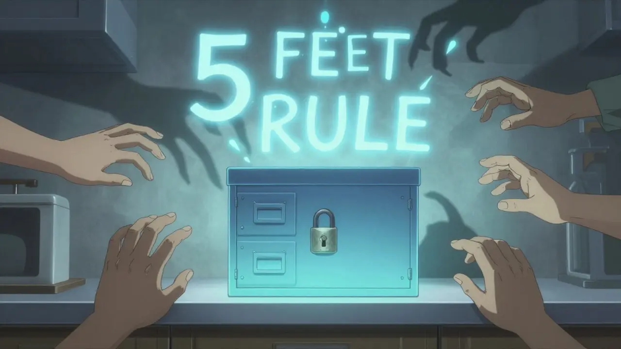 A glowing locked medicine box on a high shelf, with shadowy hands reaching from all sides.