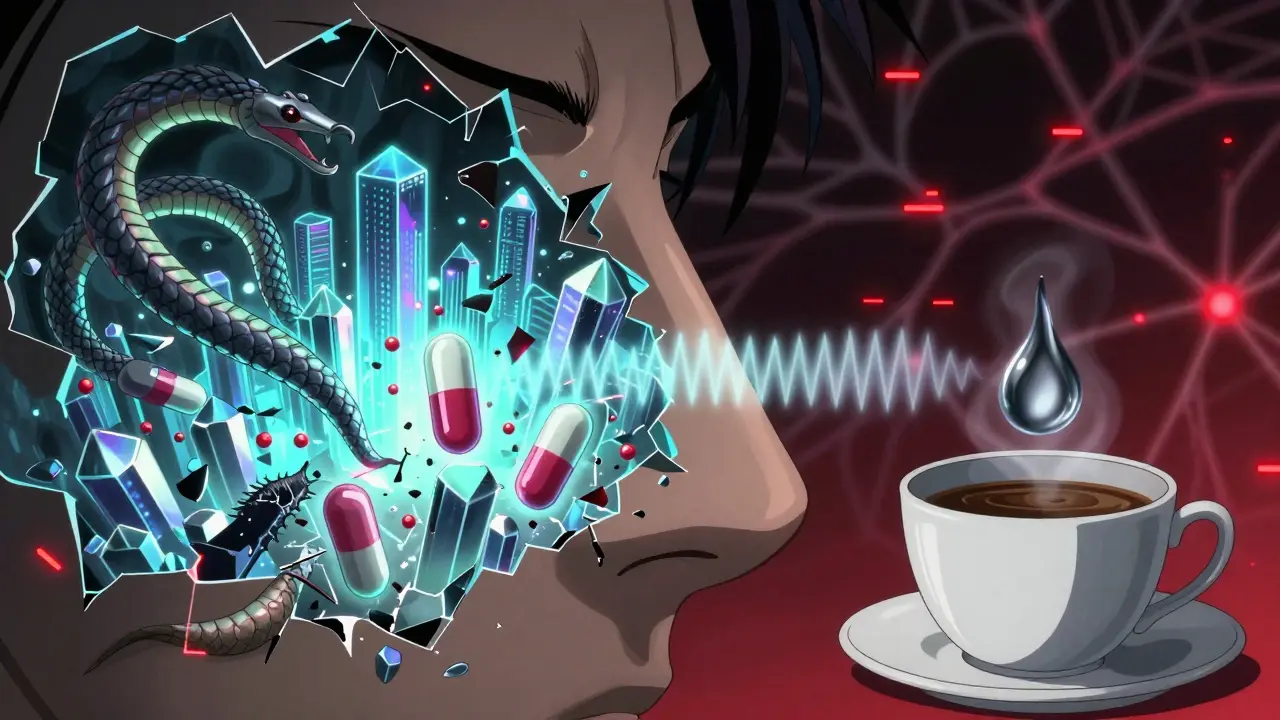 A glowing nasal landscape with metallic molecules destroying smell receptors, sending distorted signals.