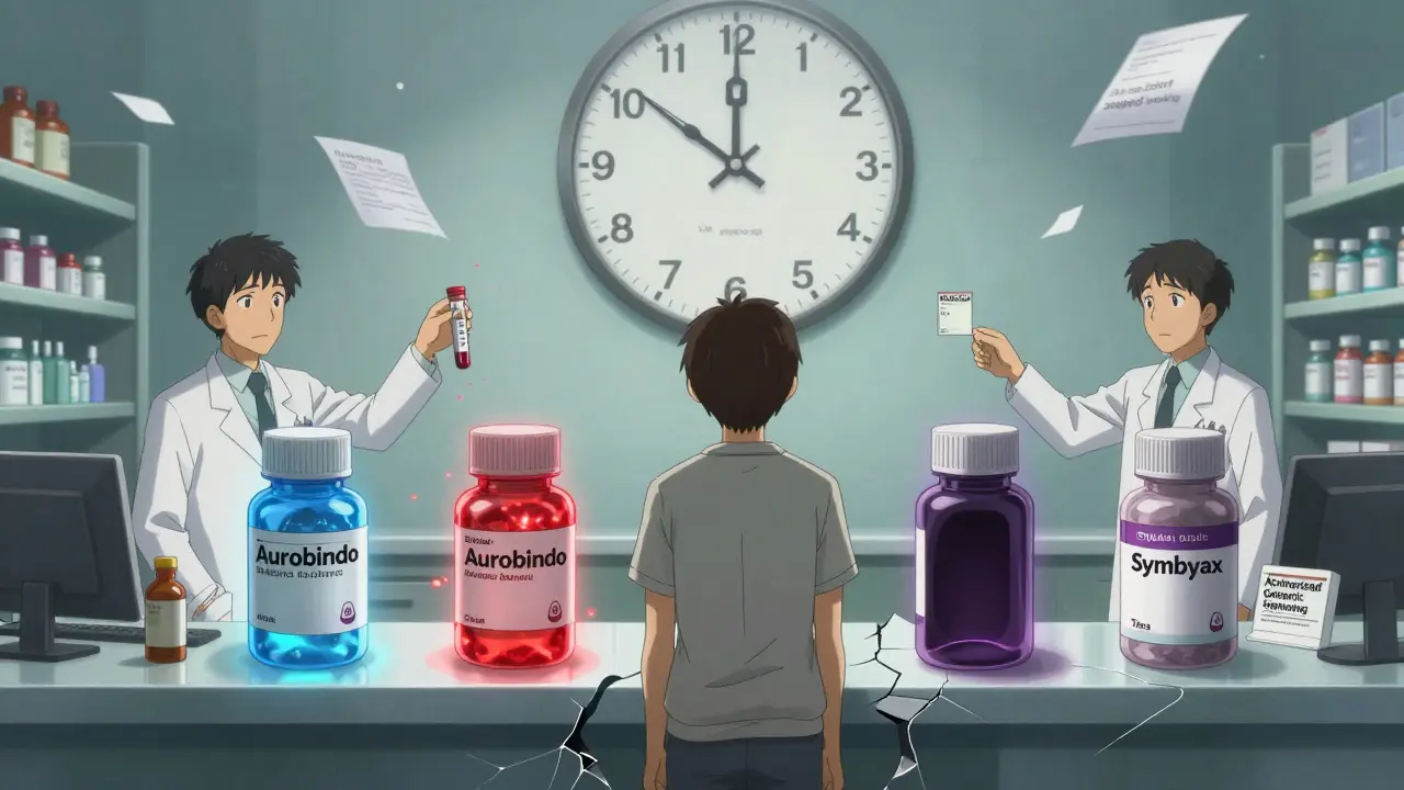 A patient at a pharmacy counter surrounded by floating pill bottles emitting different emotional auras, with a doctor and pharmacist reaching out.