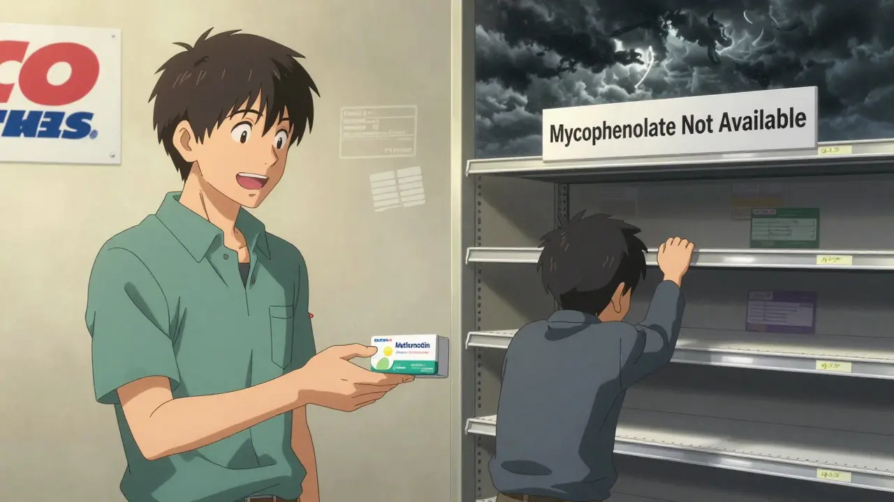 A patient comparing low-cost generic medication at Costco against an empty shelf for a missing specialty drug.