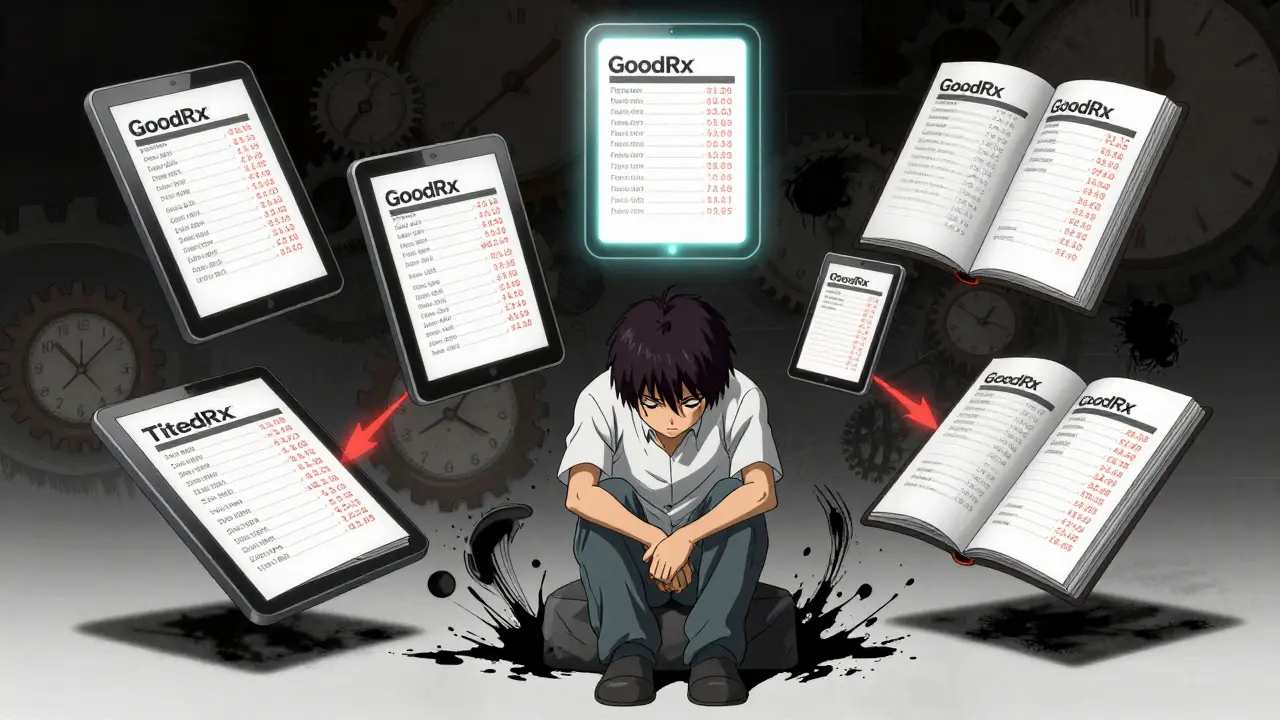 A person surrounded by floating pharmacy price tabs and a glowing comparison app, symbolizing the effort to find the best drug prices.