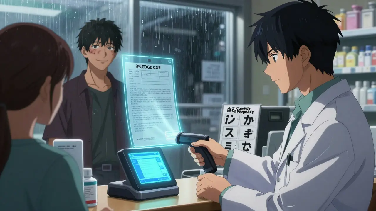 A pharmacist verifies an iPLEDGE code with a glowing scanner while a male patient with acne smiles nearby, neon pharmacy setting.