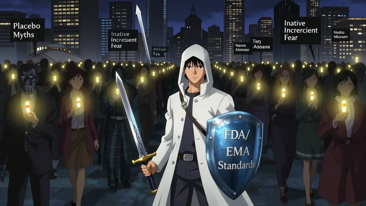 A warrior representing bioequivalence testing defeating myths, with people across global cities holding safe generic pills.
