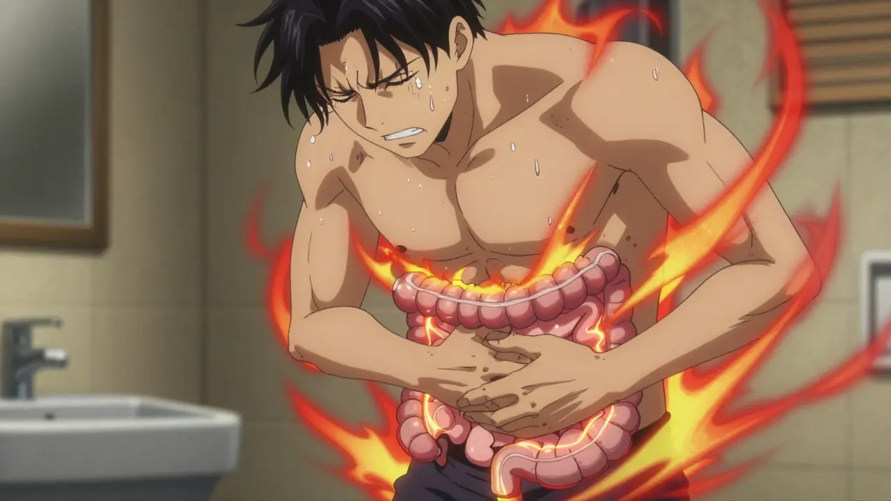 Character clutching stomach with red energy in bathroom.