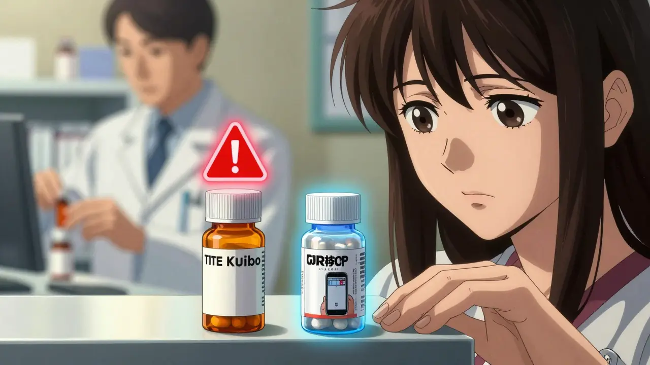 Close-up of hands comparing old and new pill bottles with glowing warning and confirmation lights.