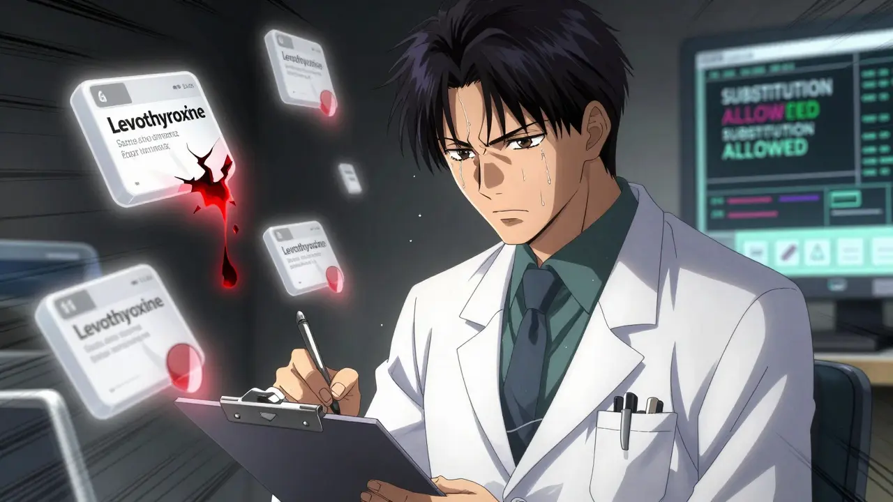 Doctor writing urgently as medical icons swirl with warning signs in a hospital setting.