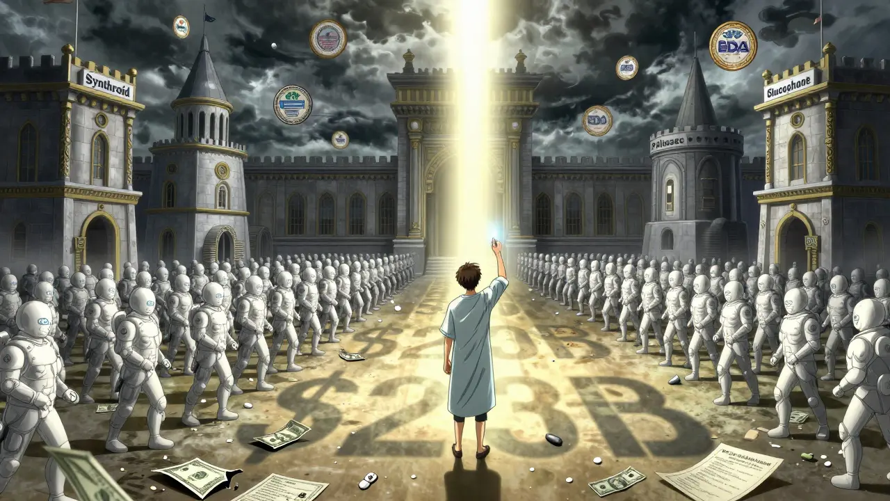 Generic pills advancing like soldiers against brand-name drug fortresses, with a patient holding a light-bringing pill.