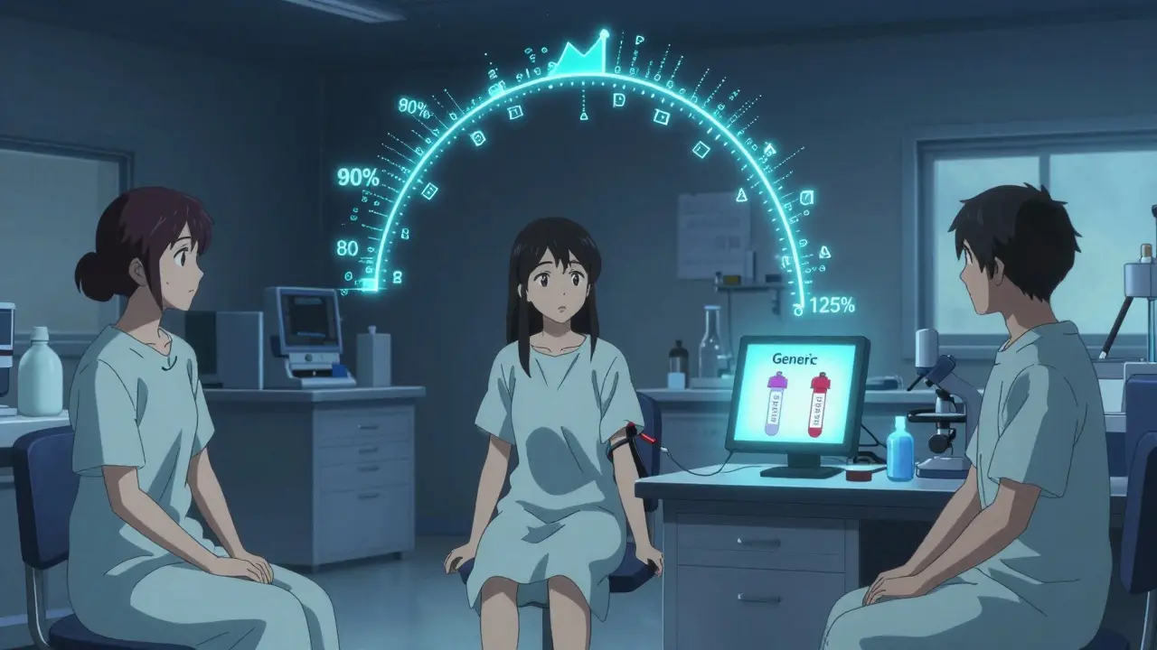 Lab volunteers in a quiet room as glowing data streams form a scientific confidence interval above two identical pills.