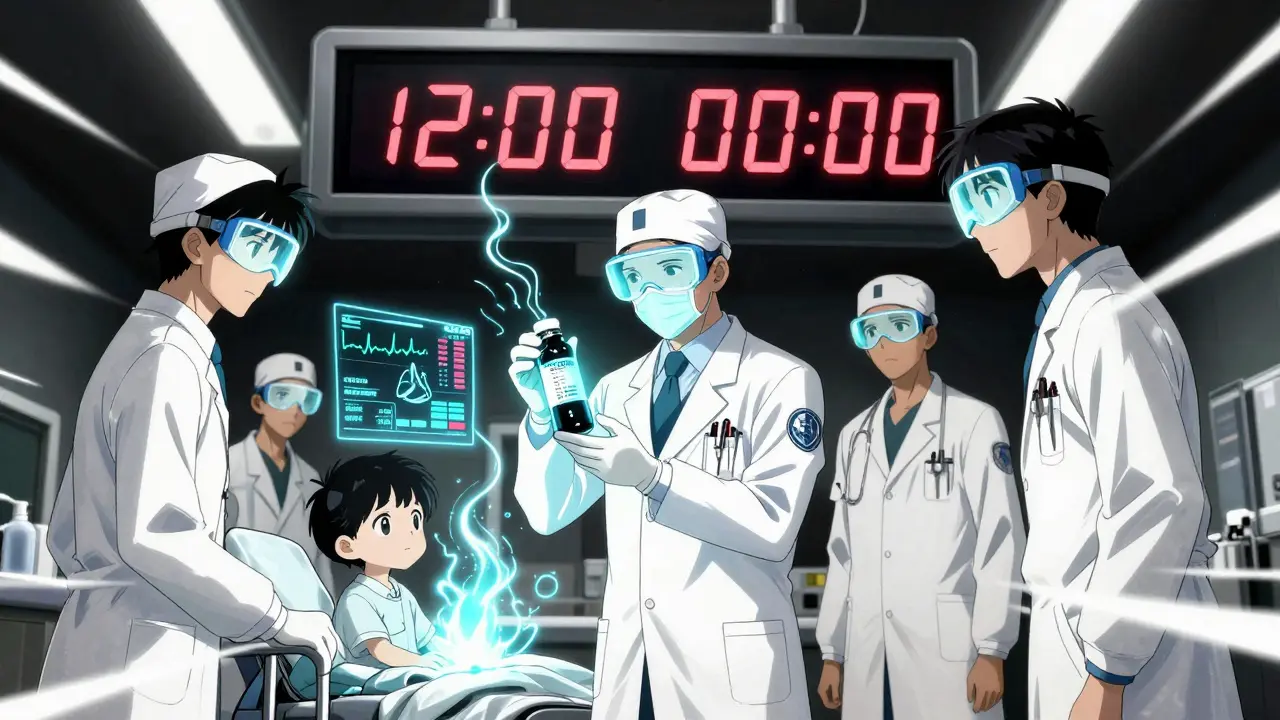 Medical staff monitor a child in ER with holographic vitals and a countdown clock, emphasizing time-critical intervention.