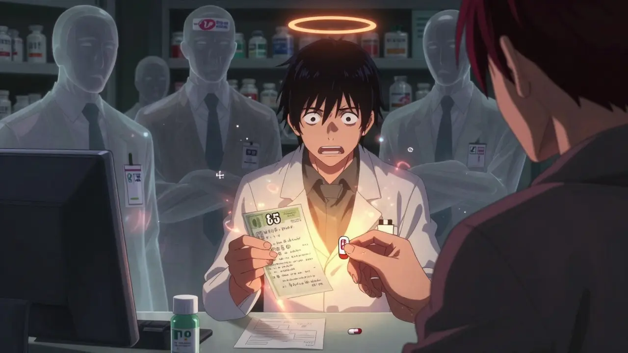 Patient at pharmacy holding expensive prescription as corporate figures loom behind them.