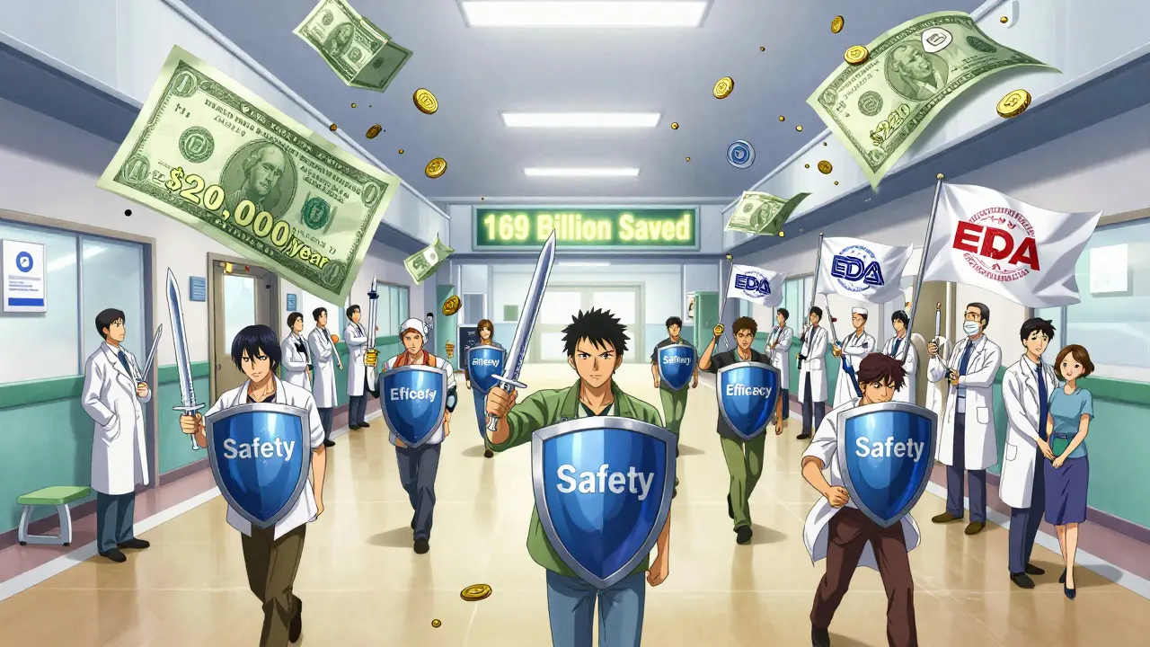 Patients marching with biosimilar syringes as swords, defeating giant cost bills in a hospital corridor.