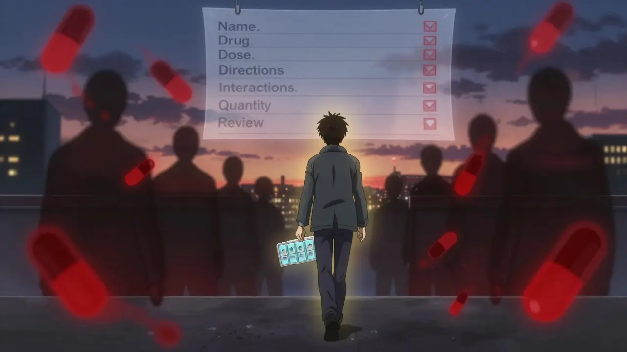 Person walking from pharmacy with pill organizer, dissolving incorrect pills behind them in smoke.