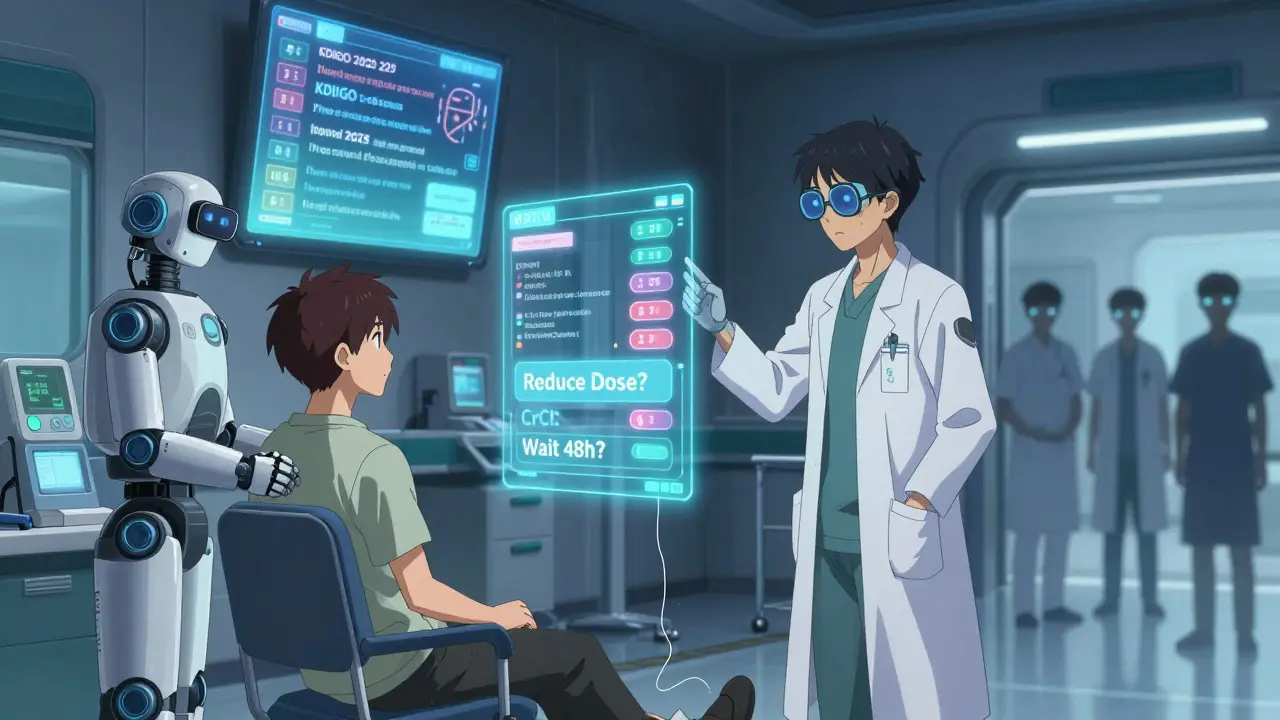 Robotic pharmacists in a futuristic hospital projecting real-time kidney function data, hesitating over dose decision for acute kidney injury patient.