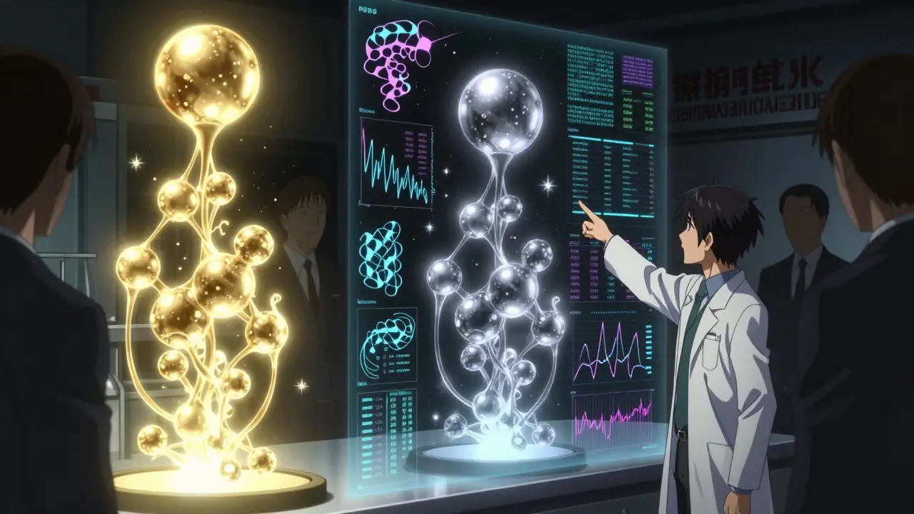 Side-by-side comparison of a biologic and biosimilar molecule with analytical data floating around them.